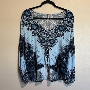 Free People Blue and Black Floral Blouse